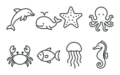 Marine animals linear icons set – outline, sea life, ocean creatures collection