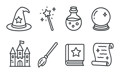 Magical silhouette icons set – fantasy, enchanted elements, wizardry theme graphics