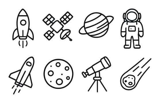 Space and astronomy outline icons set – cosmic, galactic exploration symbols