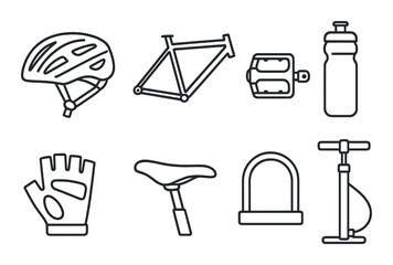Biking essentials silhouette icons set – gear, cycling, and outdoor equipment graphics