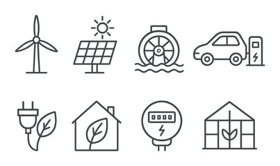 Naklejka premium Sustainable energy linear icons set – outline, eco-friendly and renewable power symbols