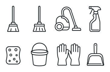 Cleaning tools outline icons set – silhouette, household and hygiene symbols