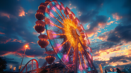 Golden light bursts through twilight clouds. Vibrant ferris wheel at sunset in a magical carnival setting. Ideal for travel editorials, event promotions, or fantasy-themed visuals.