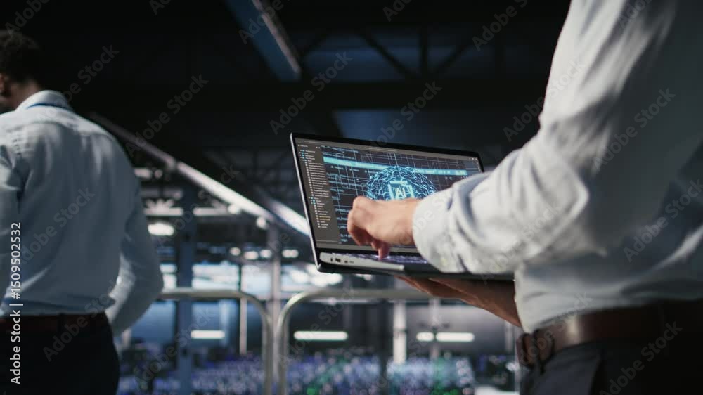 Poster close up of it specialist in server room doing ai deep learning automatization. data center software