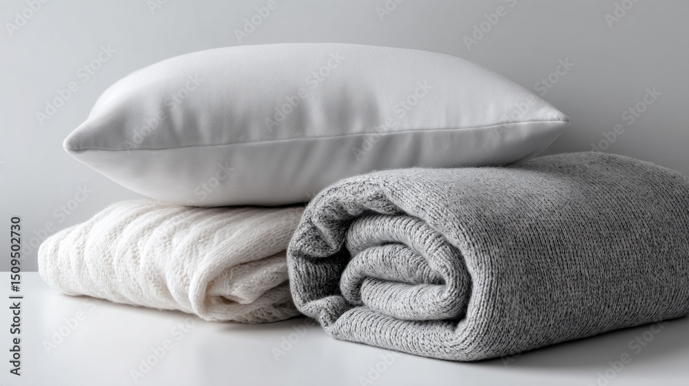 Poster Two plush pillows rest atop a neatly folded gray blanket, creating a warm and inviting look in a peaceful room, perfect for lounging or restful sleep