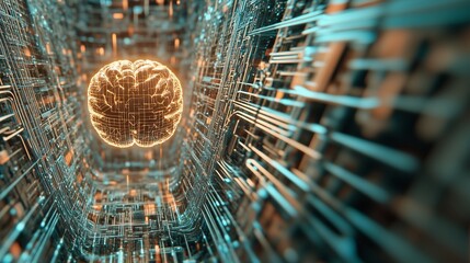 AI Brain Integrated in Circuit Tunnel Representing Future Processor Technology