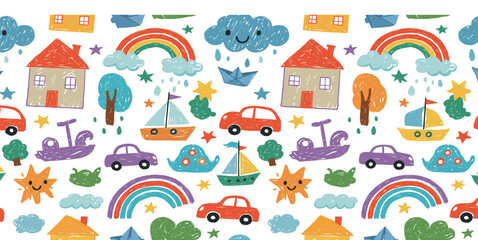 Kid car, boat and house crayon pattern. Boy toy vector. Crayon pastel children background