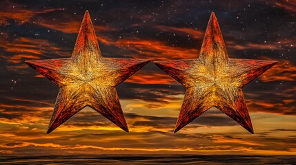 Two Golden Stars Sunset Night Sky Dreamy Fantasy Art