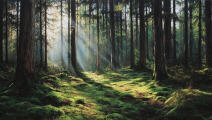 Obraz premium Sunlit Forest Path with Lush Green Moss