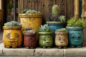 Naklejka premium Quirky Succulent Pots with Smiling Faces, Representing Playful Gardening and Home Decor Ideas for Creative Expression and Whimsical Landscaping : Generative AI