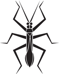 stylized black insect with multiple legs stands upright on a white background.