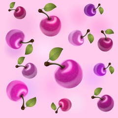 Осseamless tile pattern with berries pink glossy cherries
on a pink background

