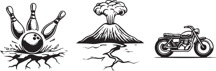 Fototapeta premium bowling ball plunges into the earth amidst a volcanic eruption and a motorcycle travels across a fissure.