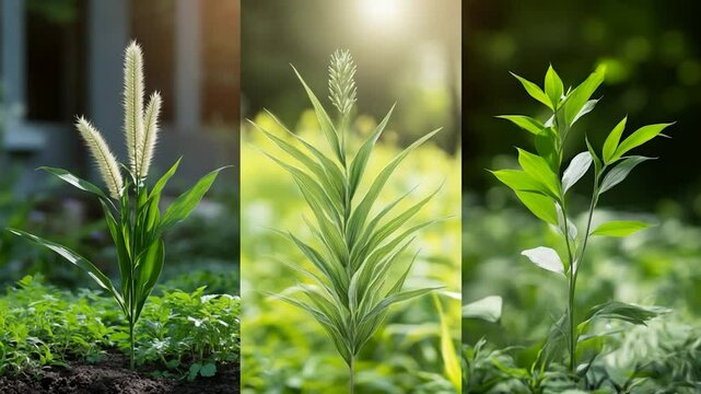Botanical variety green plants displayed in triptych close up