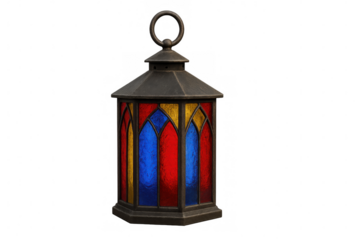 Vibrant stained glass panels framed in dark metal, forming intricate lantern design with translucent color segments, suitable for decorative lighting applications