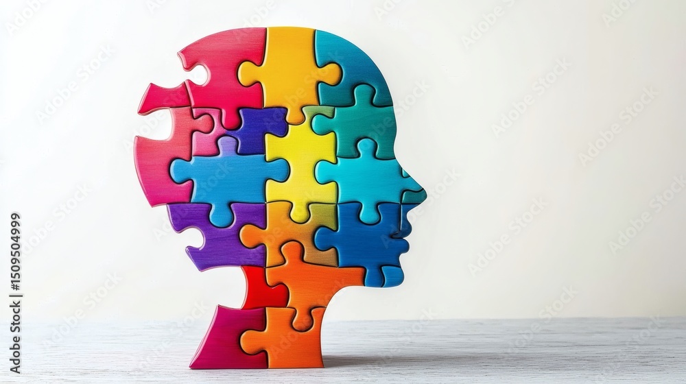 Poster neurodiversity at work floating puzzle pieces in gradient tones forming a head shape, clean background with side copy space