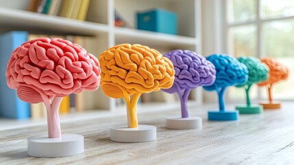 neurodiversity at work floating multicolored brain icons in 3D over minimal digital workplace background, conceptual tech theme with side space