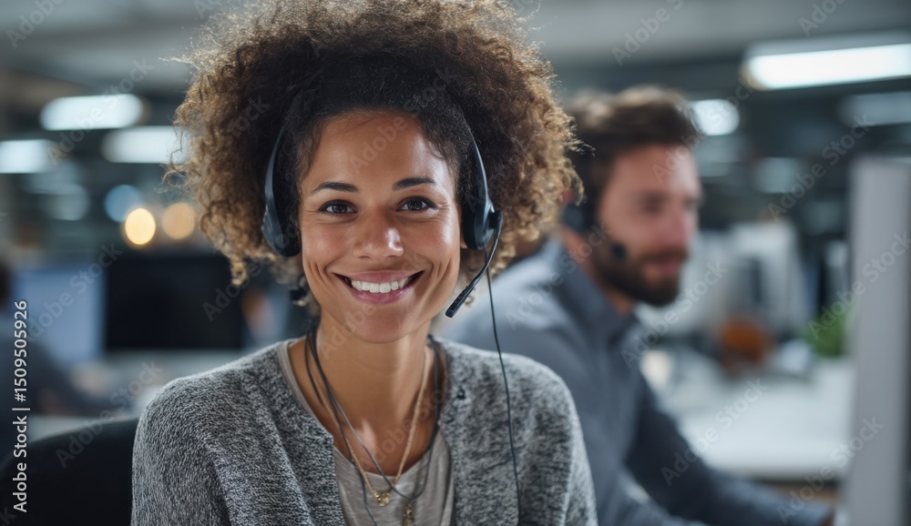Poster smiling woman wearing headset in call center, representing customer service and communication in mod