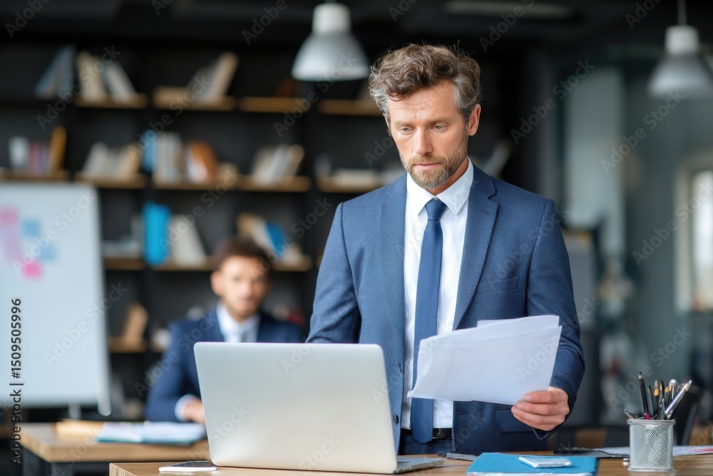 Poster Focused Businessman in Office Reviewing Documents and Using Laptop, Illustrating Productivity and Corporate Strategy for Business Solutions and Consulting : Generative AI