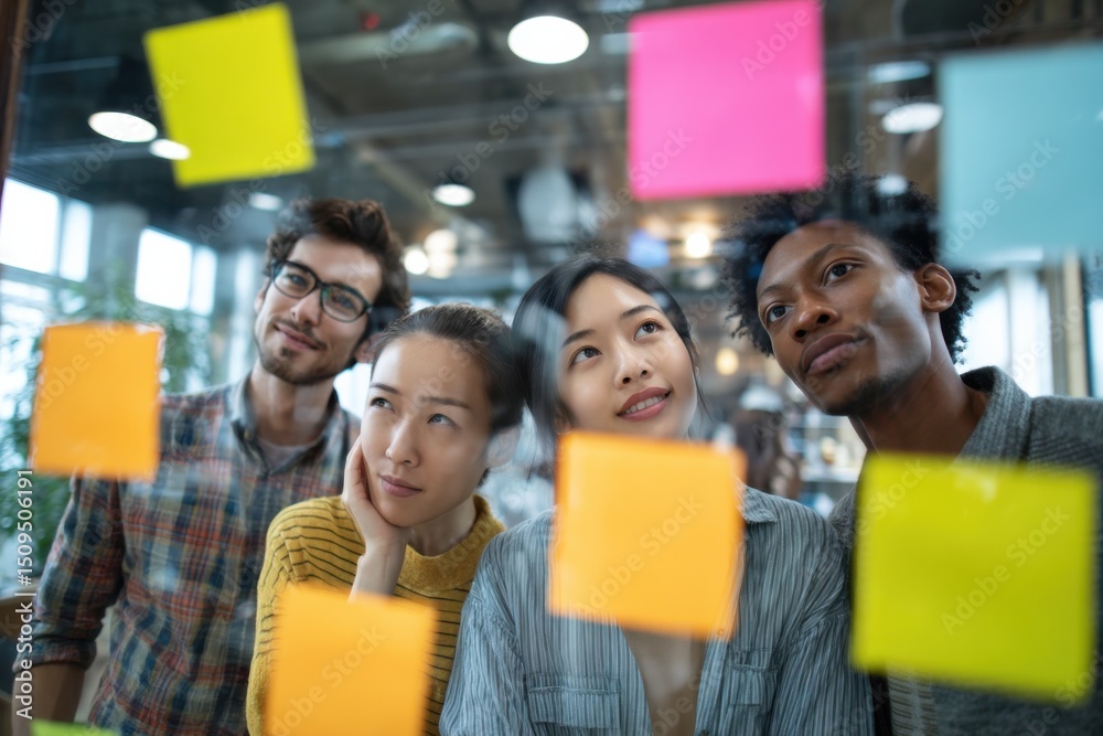 Aufkleber diverse team brainstorming ideas on glass wall with sticky notes, showcasing collaboration and probl