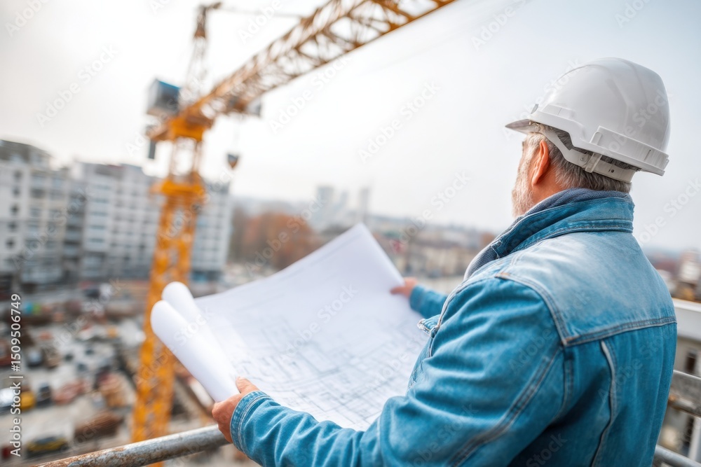 Poster construction worker reviewing blueprints on site with crane, symbolizing progress and infrastructure