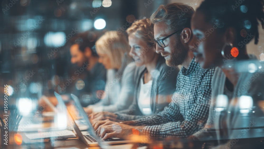 Aufkleber Diverse Team Working Late on Laptops in Modern Office, Illustrating Collaboration and Digital Transformation, Achieving Shared Goals and Driving Innovation : Generative AI