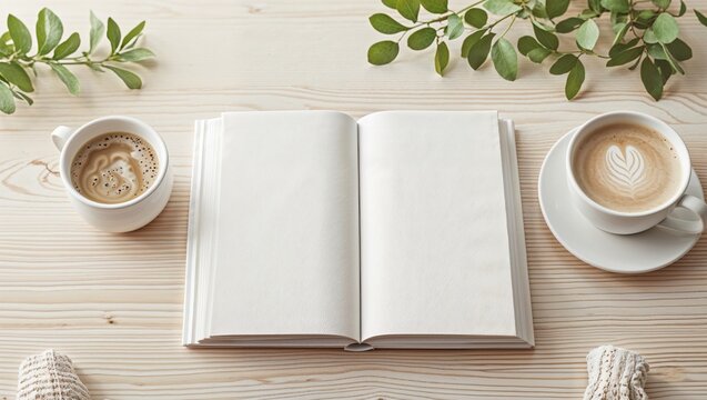 blank white book cover rests on cozy wooden table, accompanied by cup of coffee and greenery, creating serene atmosphere - Powered by Adobe