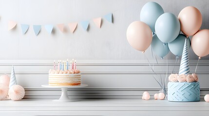 Pastel Birthday Celebration with Cakes, Balloons, and Lit Candle