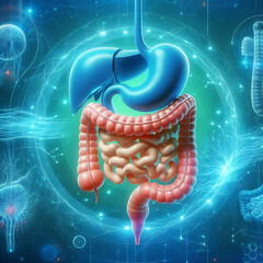 Gastrointestinal tract. Stomach, small intestine and colon, abstract blue technology background. Beautiful bright illustration.