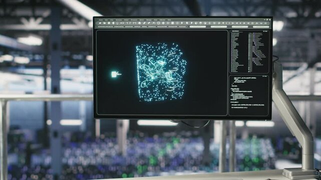 Server hub computer screen monitoring systems processing machine learning datasets for AI workflows. PC displays tracking hardware supporting artificial intelligence model development