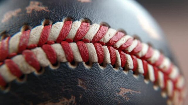 Close up of ball stitching with red and white thread sports equipment detail