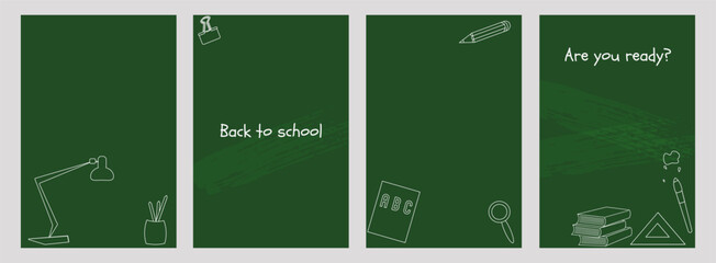 Back to School poster doodle design set. Social Media Template with school textbook book backpack paint. Background banner cover flyer design. Vector illustration.