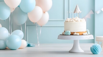 Pastel Blue and White Birthday Cake Decorated with Balloons