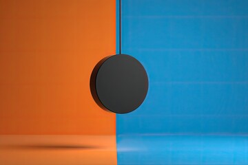 A black circular disc hangs from a thin string, bisecting a vibrant orange and blue background.  Minimalist 3D rendering