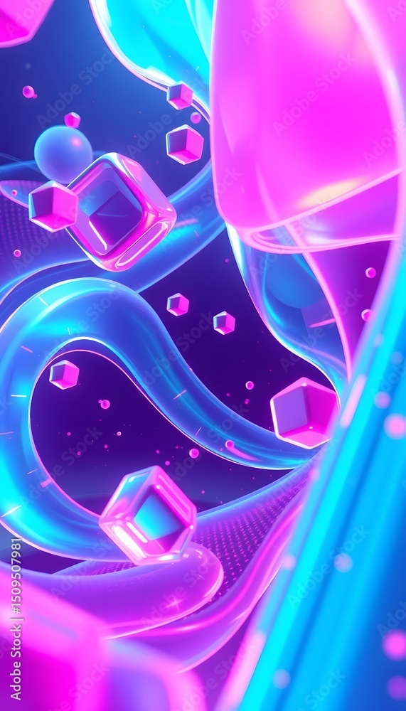 Poster abstract future shapes dance in holographic light, it is a digital dream world. a vibrant technology