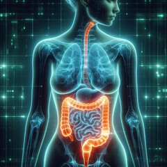 Futuristic Medical Hologram Neon Glow Translucent Human Large Intestine Gastrointestinal System Backdrop Background Illustration