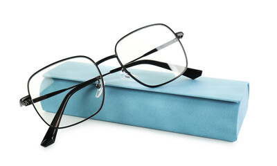 Case with stylish glasses isolated on white