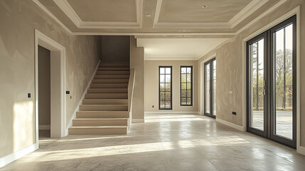 Naklejka premium spacious empty living room with freshly finished walls and large windows, inviting natural light