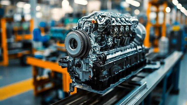 Industrial engine on production line in factory