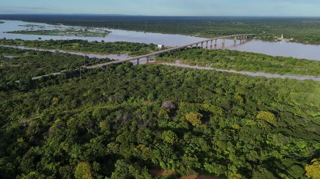 bom jesus da lapa, bahia, brazil - may 19, 2025: View of a bridge crossing the Sao Francisco River in the city of Bom Jesus da Lapa in western Bahia.