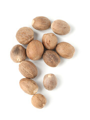 Fresh nutmegs isolated on white, top view