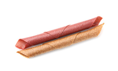 Delicious fruit leather rolls on white background, top view