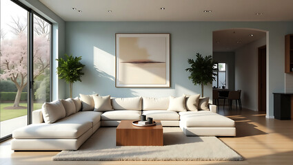 Modern living room interior featuring neutral tones sleek furniture and cozy decorative accents throughout
