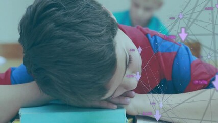 Dark brown-haired boy breathing while generating transparent network overlay visualizing education - Powered by Adobe