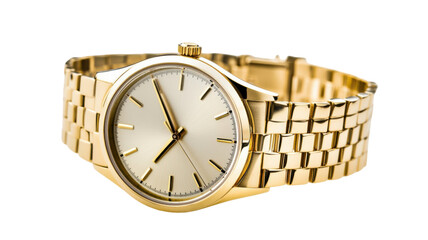  Elegant gold wristwatch with metallic strap and round dial isolated on white background