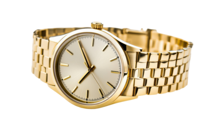  Elegant gold wristwatch with metallic strap and round dial isolated on white background