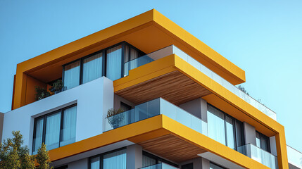 Modern residential apartment with vibrant yellow accents and glass balconies