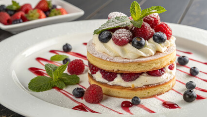 Layered Berry Cream Cake with Fresh Mint and Raspberry Coulis