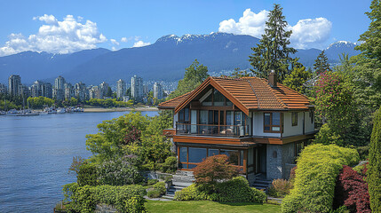 Obraz premium Luxurious house by water with stunning mountain views in Vancouver, surrounded by greenery