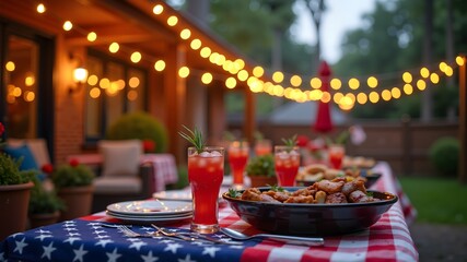 Fourth of july outdoor bbq party with american decorations and festive lights
